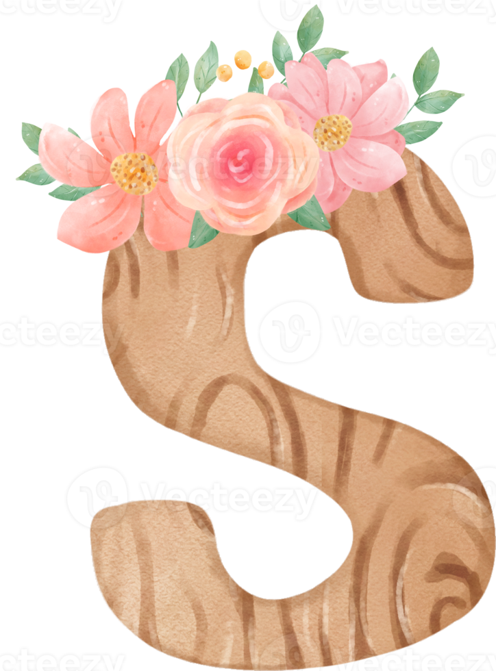 cute watercolour floral wooden Alphabet letter S png