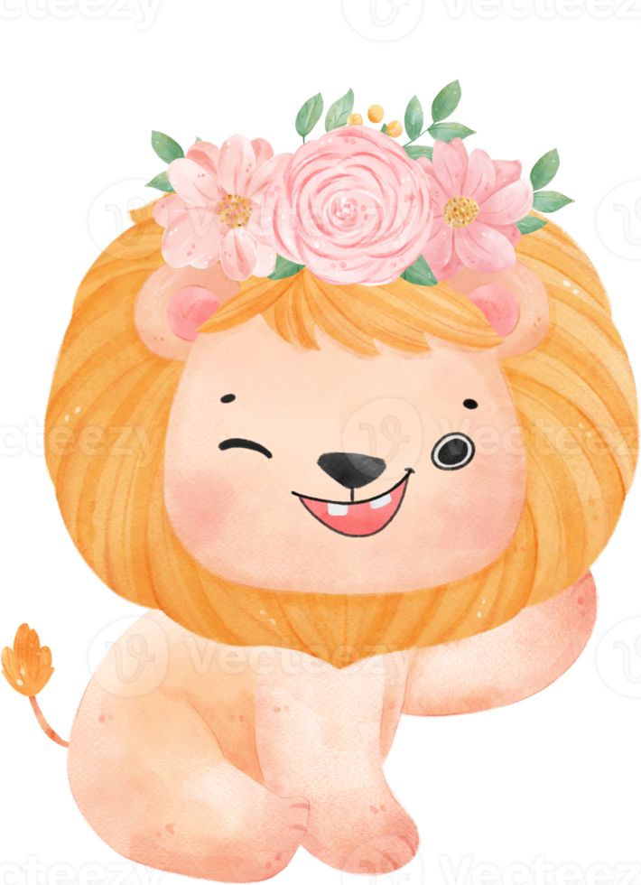 linda dulce contento bebé león con floral corona acuarela niño animal ilustración png