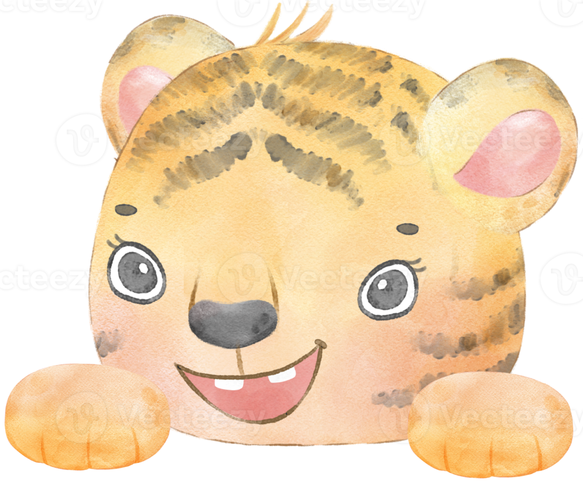 cute baby tiger innocence face head with paw hand watercolour illustration png