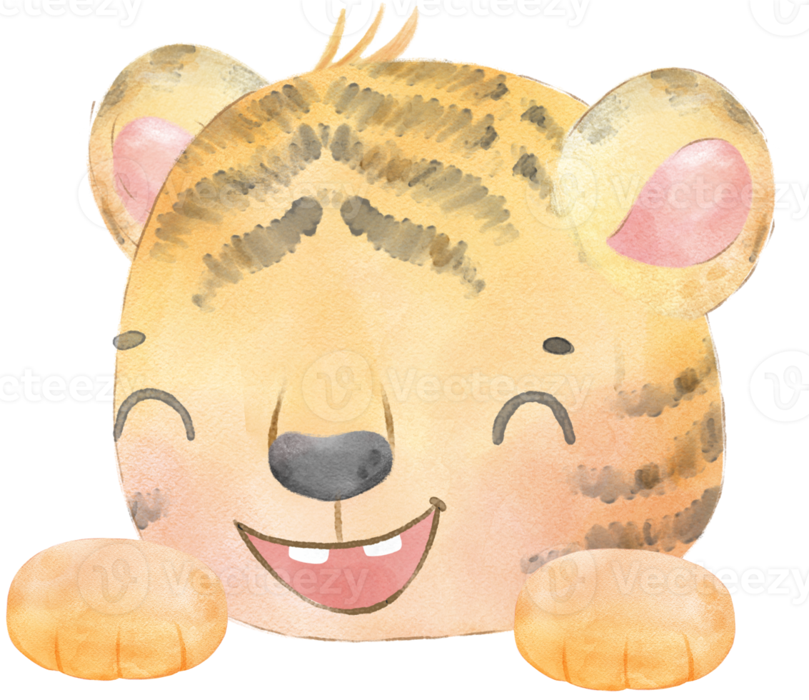 carino bambino tigre innocenza viso testa con zampa mano acquerello illustrazione png