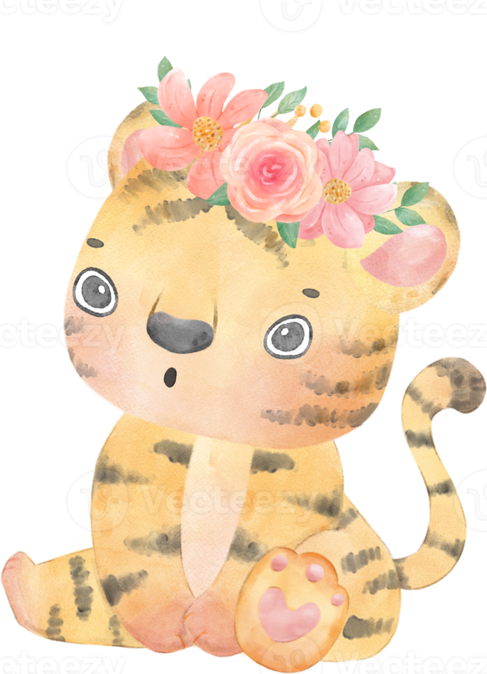 cute baby playful tiger with floral crown, whimsical children animal watercolour illustration png