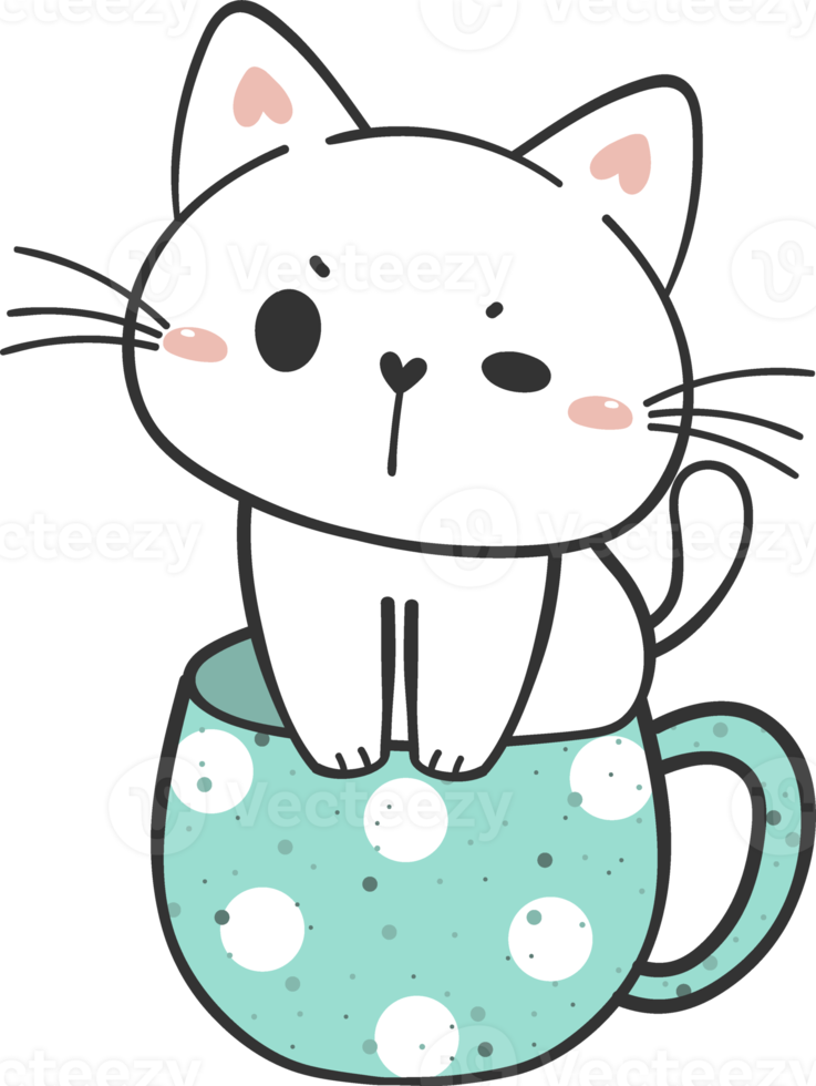 cute kawaii playful kitten cat in ceramics coffee mug cartoon doodle drawing png
