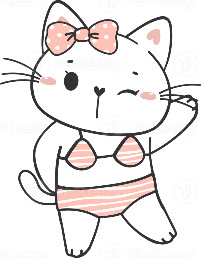 süß Sommer- komisch spielerisch Kätzchen Katze im sexy Bikini Badeanzug Karikatur Gekritzel Hand Zeichnung png