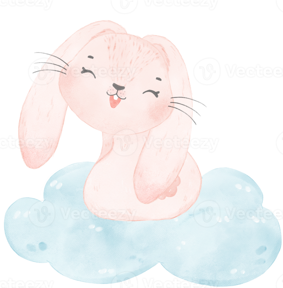 Adorable whimsical happy sweet baby pink bunny rabbit on soft blue cloud children watercolor illustration png