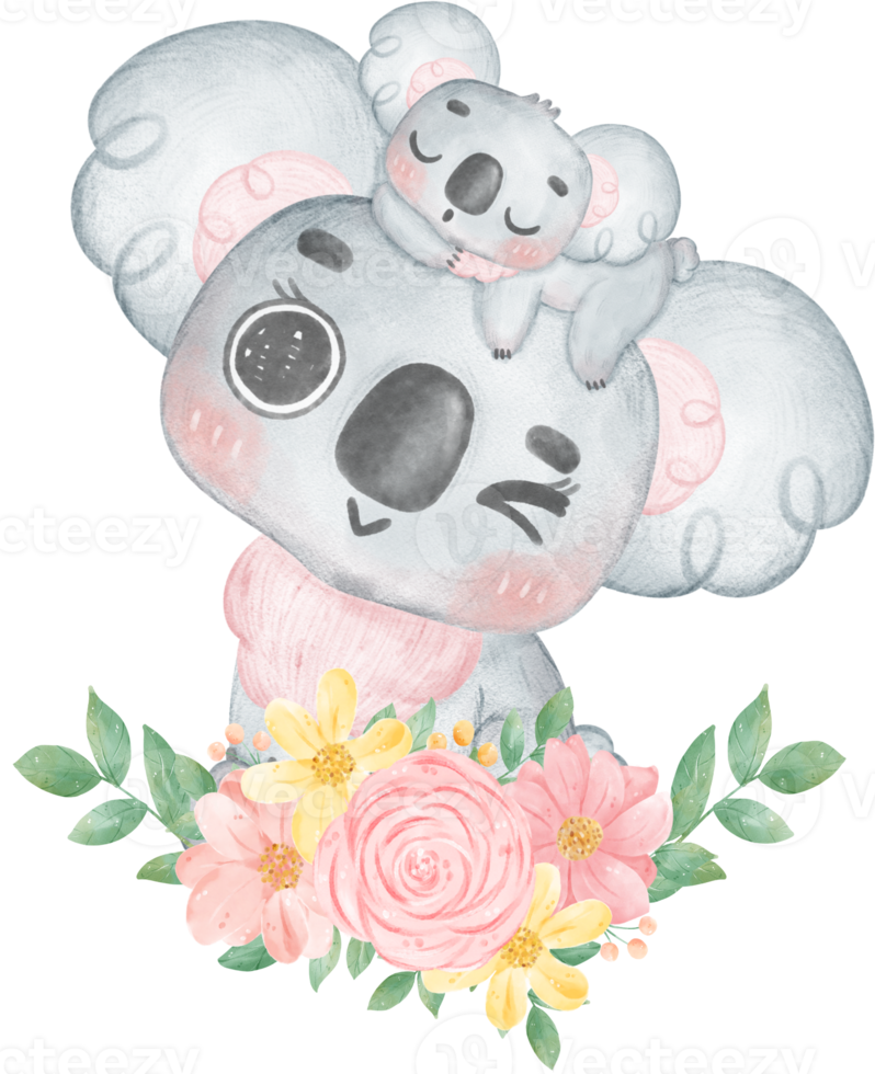 Cute Fuzzy-Eared Koala mother and baby with sweet flower banner Happy mother day watercolour whimsical Illustration png