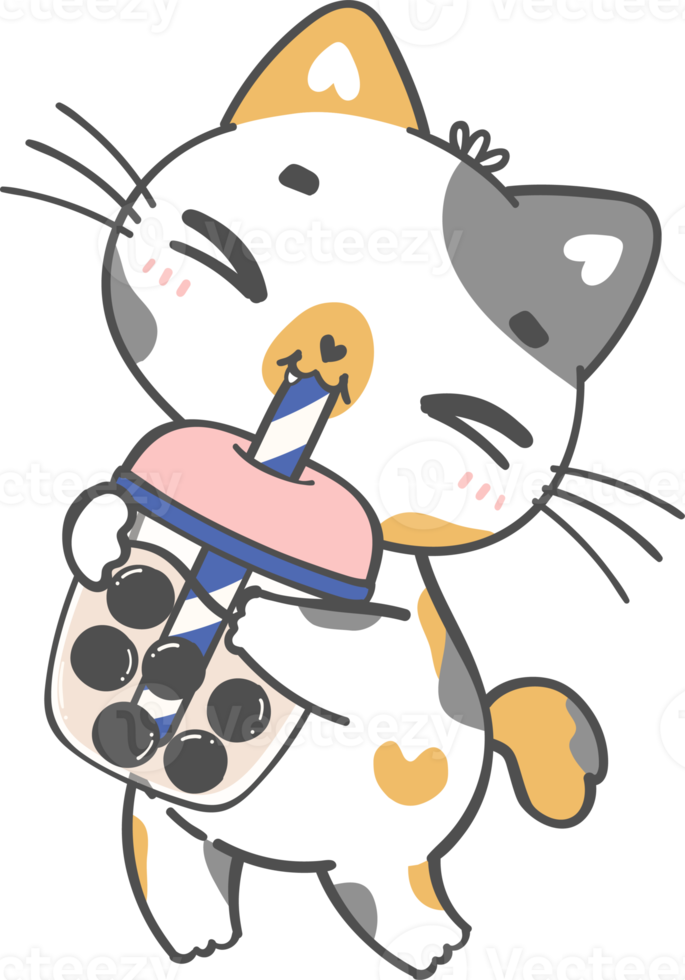 Kawaii funny bubble tea cat lover, cute boba tea kitten cartoon doodle hand drawing png