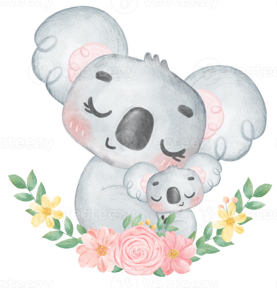 Cute Fuzzy-Eared Koala mother and baby with sweet flower banner Happy mother day watercolour whimsical Illustration png