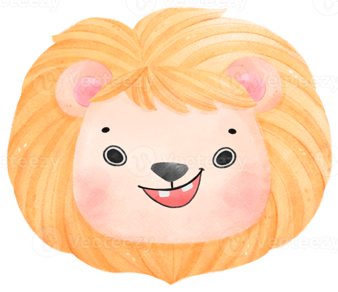 cute watercolour happy baby lion wildlife animal face head cartoon nursery illustration png