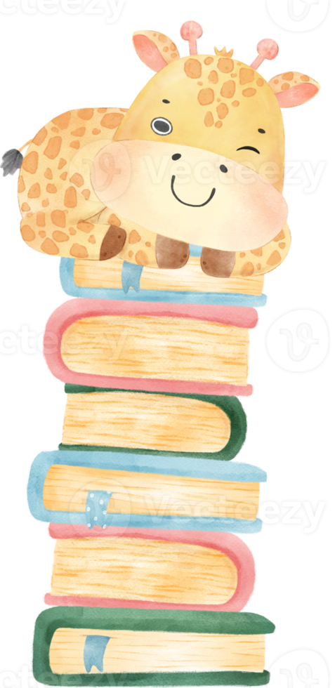 cute happy giraffe kid animal back to school with bag and books, children watercolour illustration png