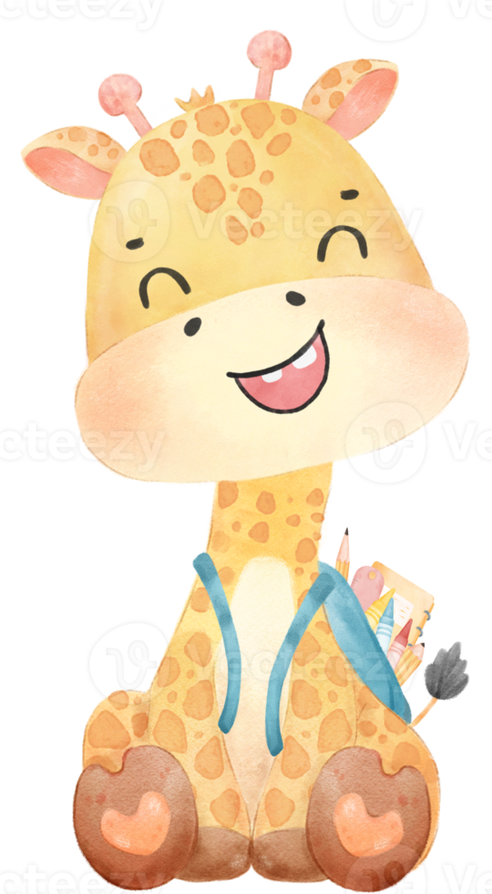 cute happy giraffe kid animal back to school with bag and books, children watercolour illustration png