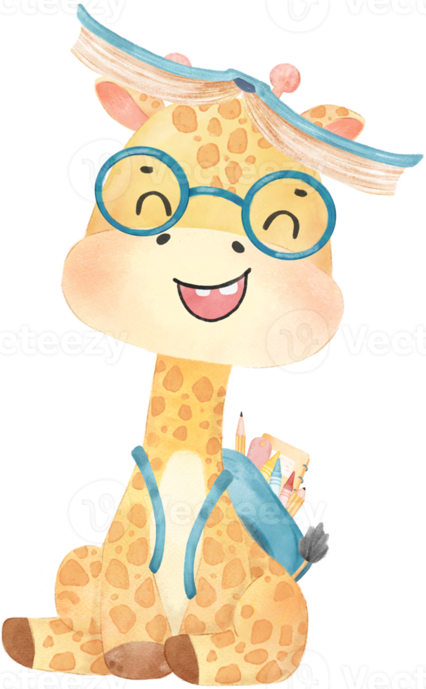 cute happy giraffe kid animal back to school with bag and books, children watercolour illustration png