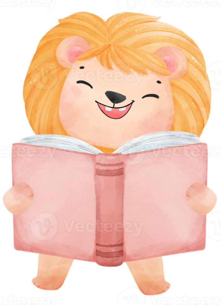 cute watercolour baby lion animal kid reading book, back to school cartoon character illustration png