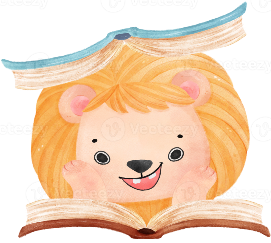 cute watercolour baby lion animal kid reading book, back to school cartoon character illustration png