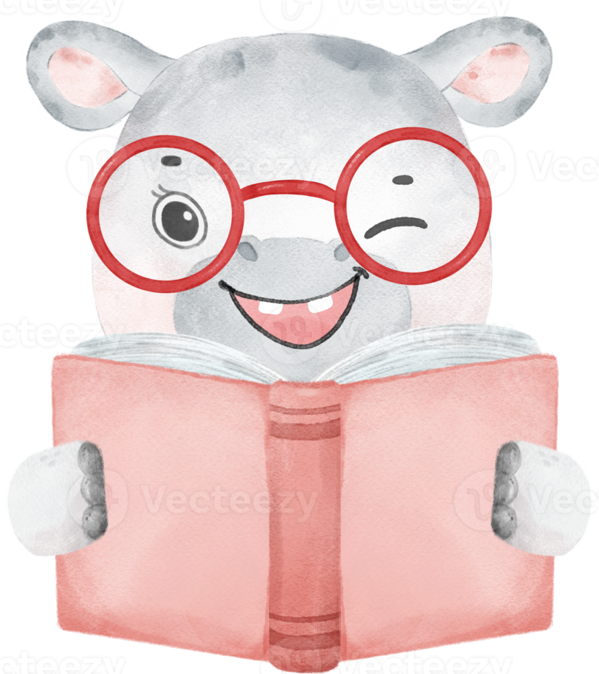 cute watercolour safari hippo animals kid back to school reading book cartoon png