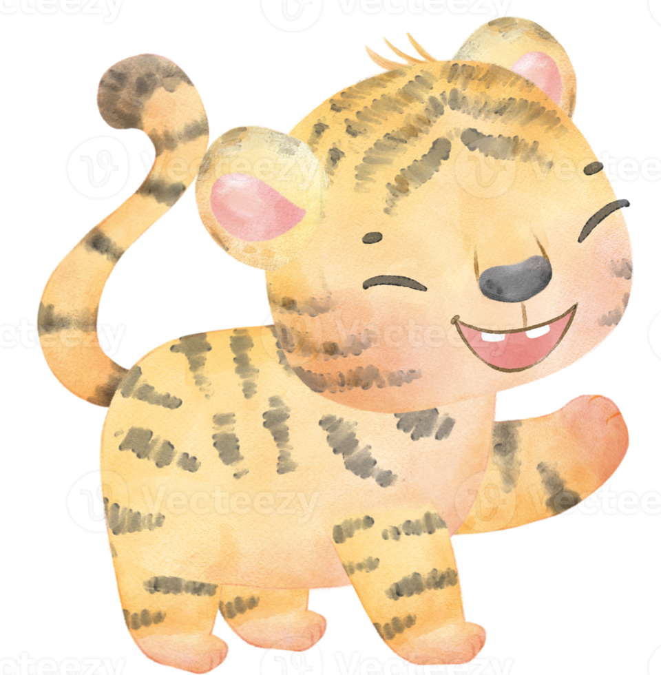 carino contento giocoso bambino tigre acquerello ragazzo animali natura cartone animato pittura illustrazione png