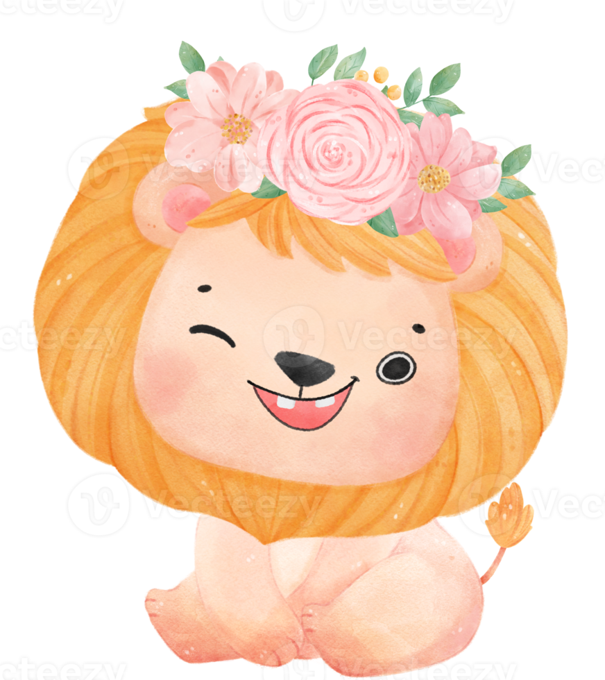 fofa doce feliz bebê leão com floral coroa aguarela criança animal ilustração png