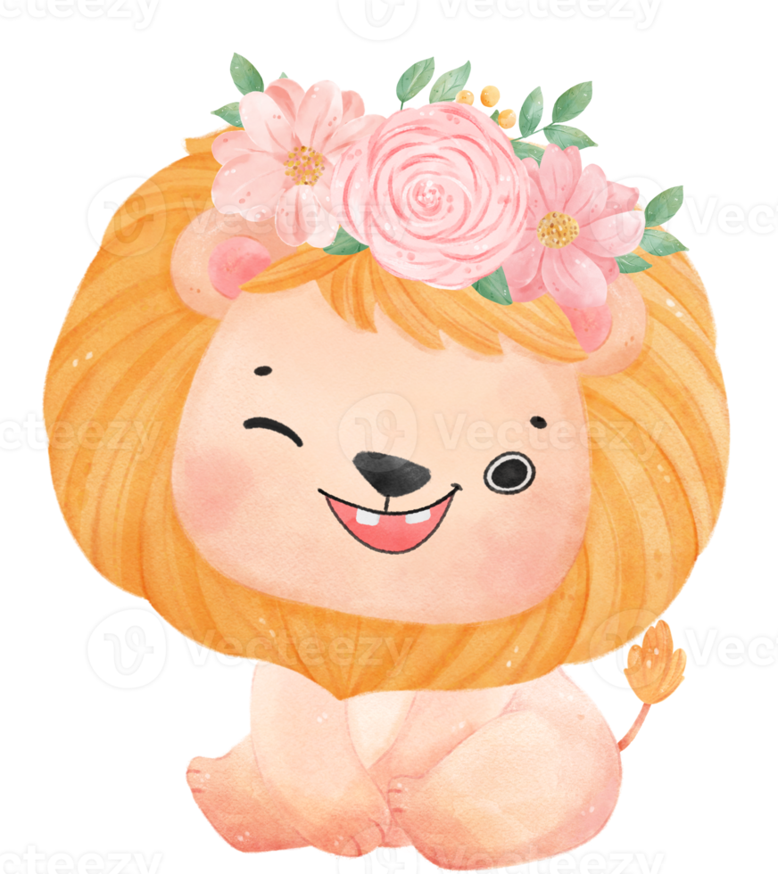 Cute sweet happy baby lion with floral crown watercolour kid animal illustration png