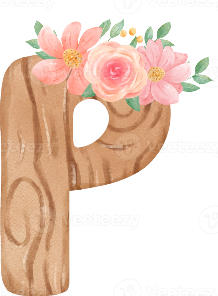 cute watercolour floral  wooden Alphabet letter P png