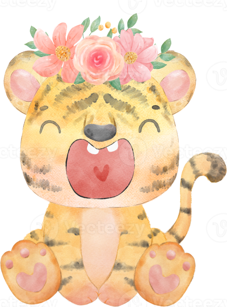 cute baby playful tiger with floral crown, whimsical children animal watercolour illustration png