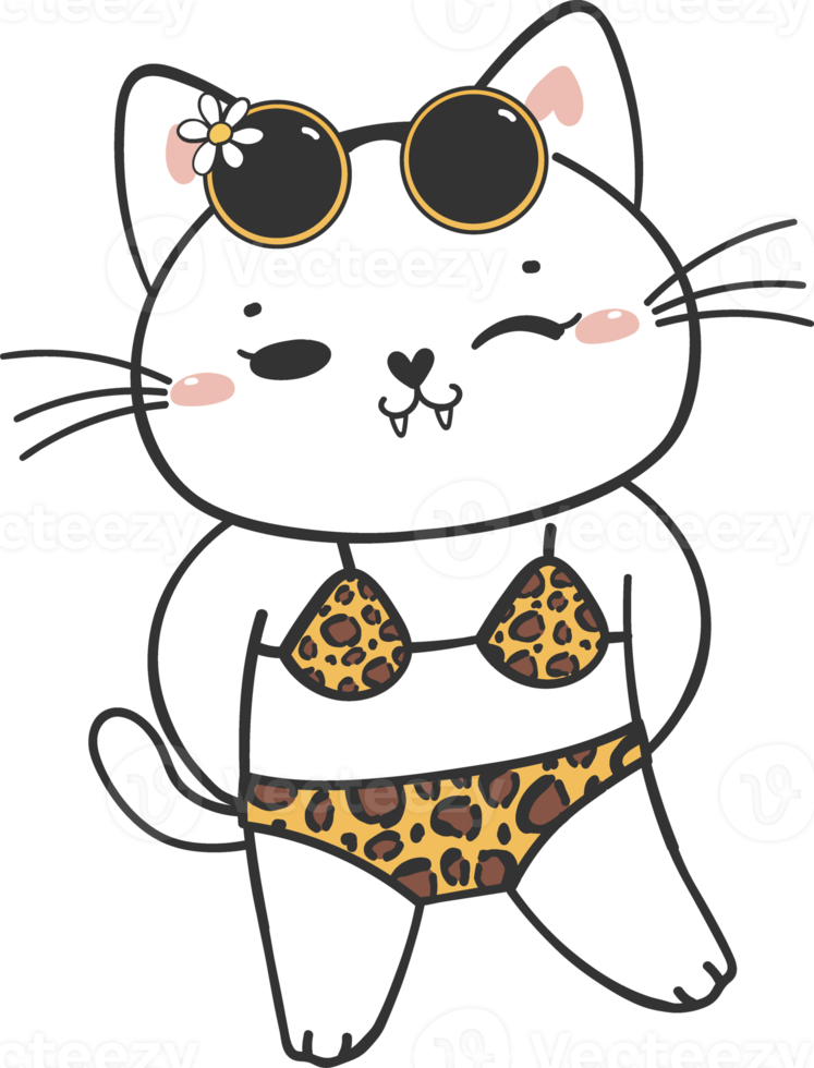 cute summer funny playful kitten cat in sexy bikini swimsuit cartoon doodle hand drawing png