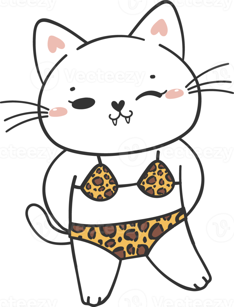 cute summer funny playful kitten cat in sexy bikini swimsuit cartoon doodle hand drawing png