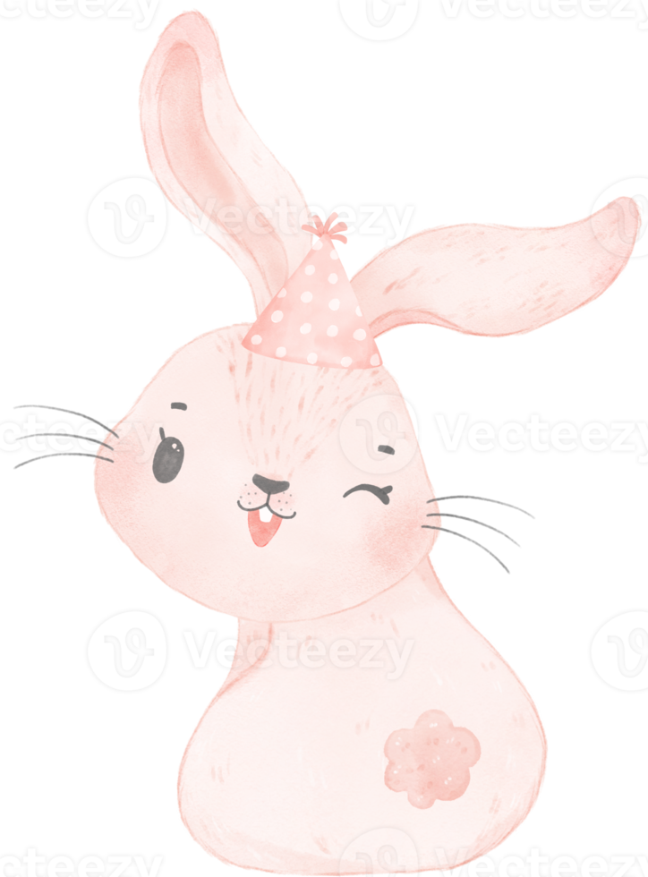Adorable whimsical happy baby pink bunny rabbit with colourful party hat, children watercolor illustration png