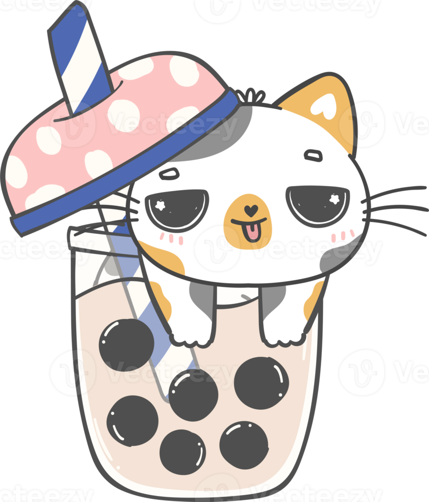 Kawaii funny bubble tea cat lover, cute boba tea kitten cartoon doodle hand drawing png