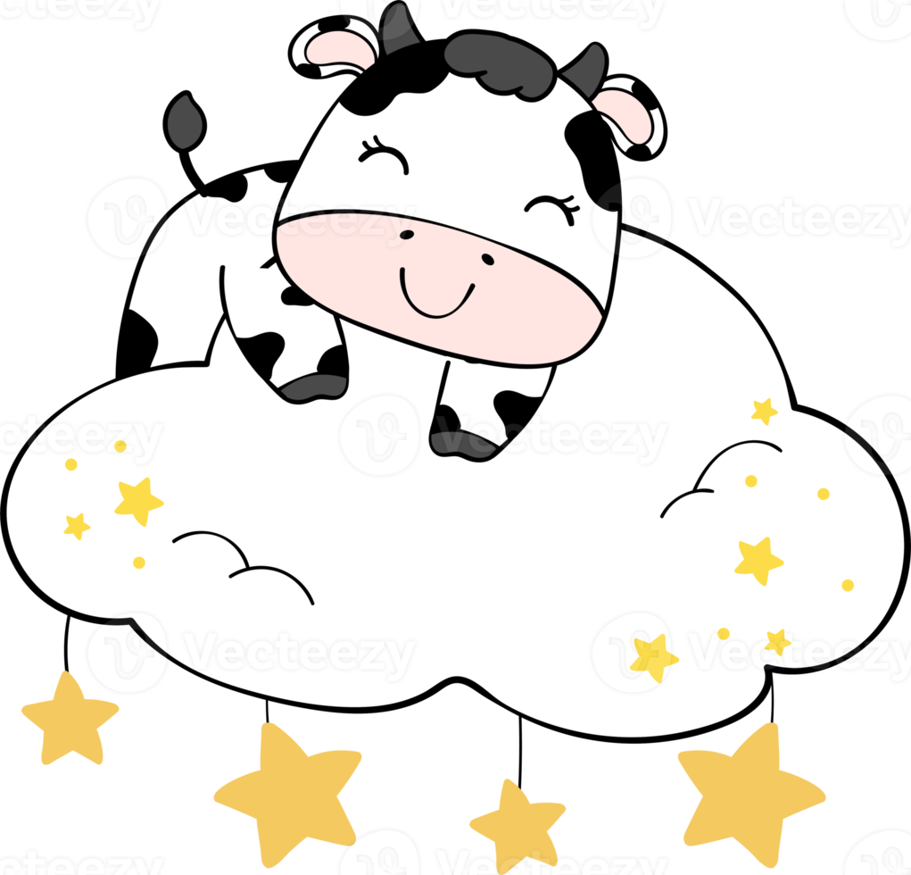 Cute happy smile baby cow sitting on cloud children cartoon character doodle hand drawing png
