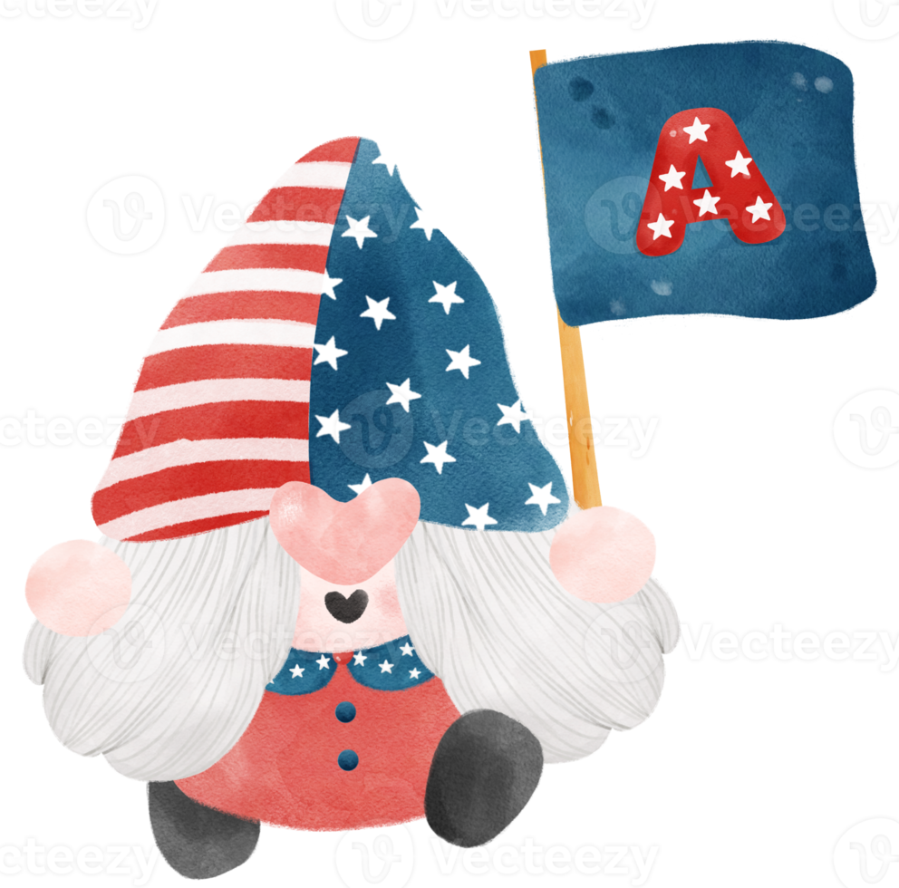 cute festive fun 4th of July Gnome watercolour celebrating America Independence freedom day cartoon hand drawing png