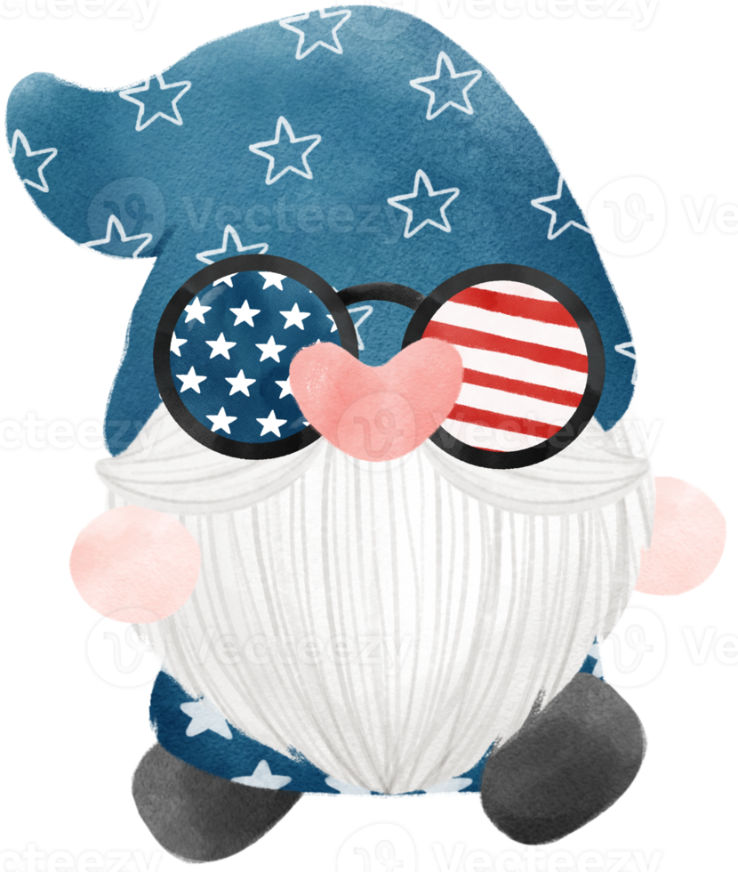 cute fun happy 4th of July Gnome celebrating America freedom independence day watercolour illustration png
