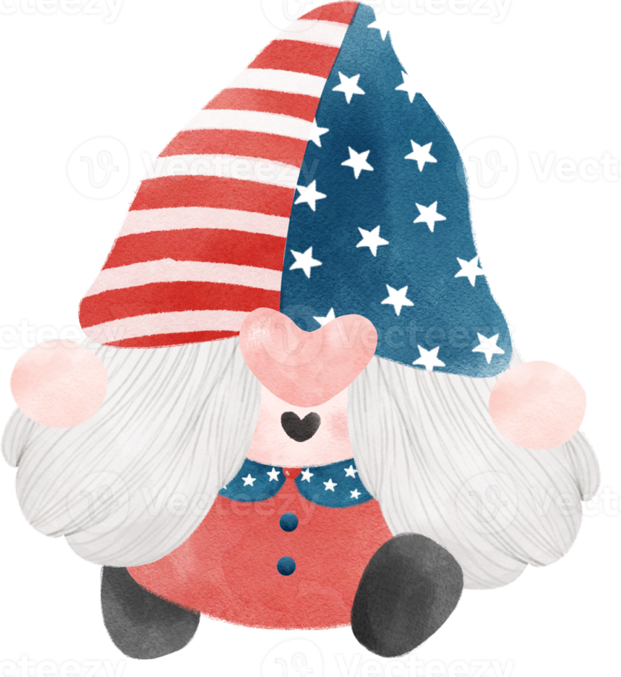 cute fun happy 4th of July Gnome celebrating America freedom independence day watercolour illustration png