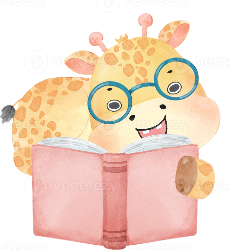 cute happy giraffe kid animal back to school with bag and books, children watercolour illustration png