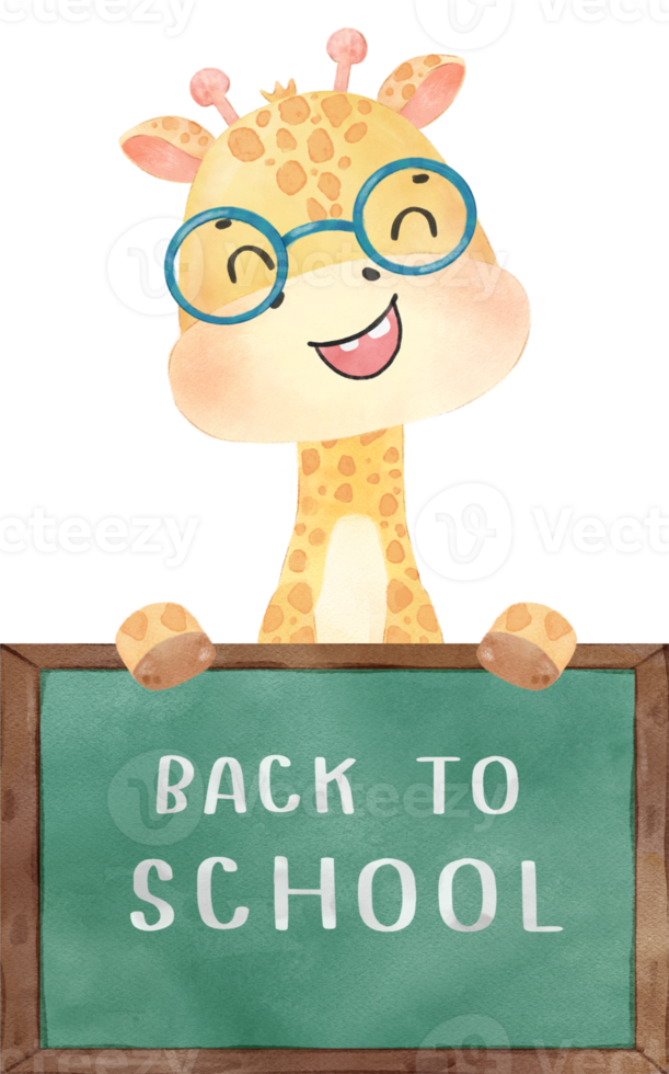 cute happy giraffe kid animal back to school with bag and books, children watercolour illustration png