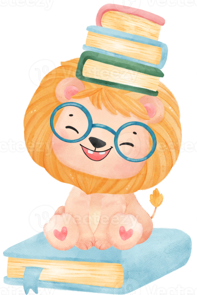 cute watercolour baby lion animal kid reading book, back to school cartoon character illustration png