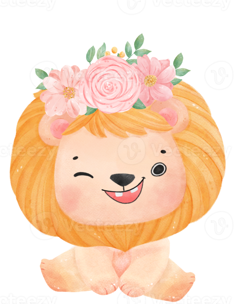 Cute sweet happy baby lion with floral crown watercolour kid animal illustration png