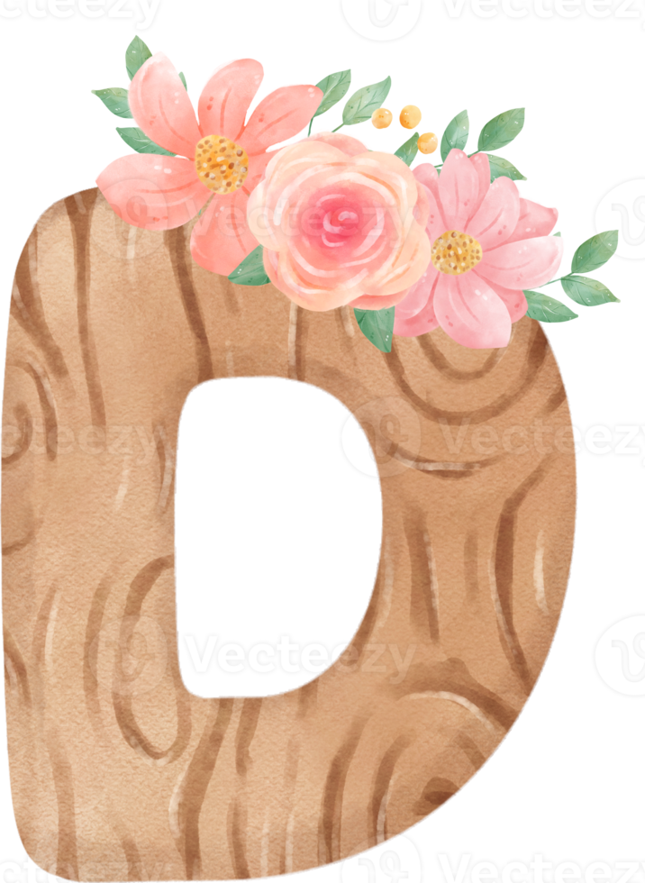 fofa aguarela floral de madeira alfabeto carta d png