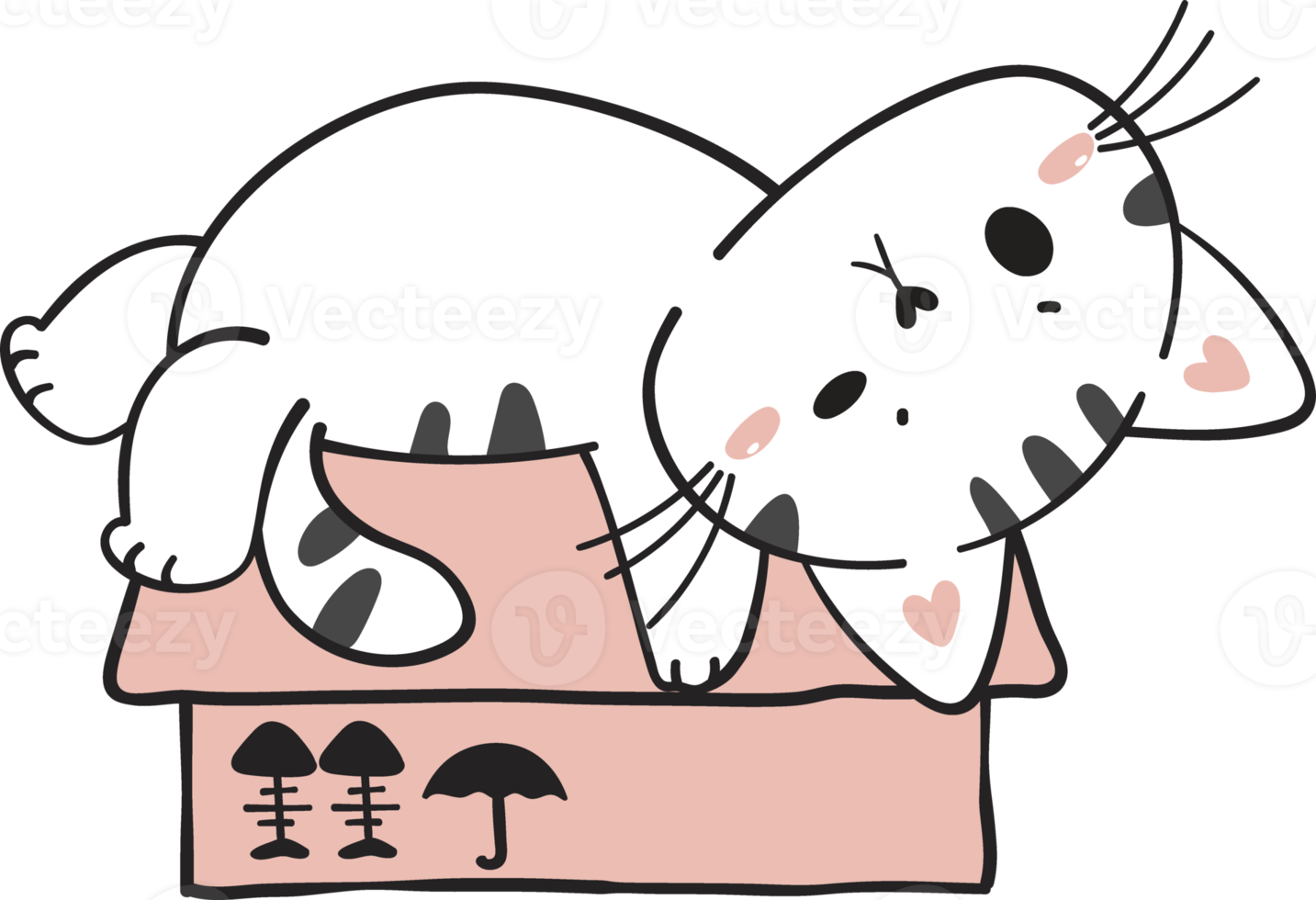 cute funny playful naughty white kitty cat pet in cardboard box animal doodle drawing png