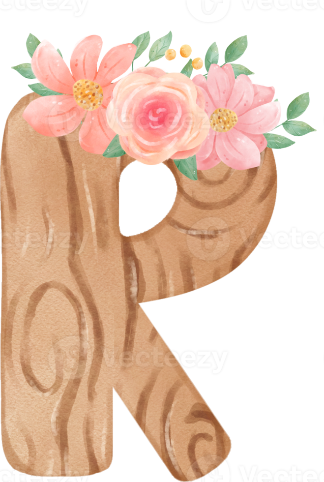 cute watercolour floral wooden Alphabet letter R png