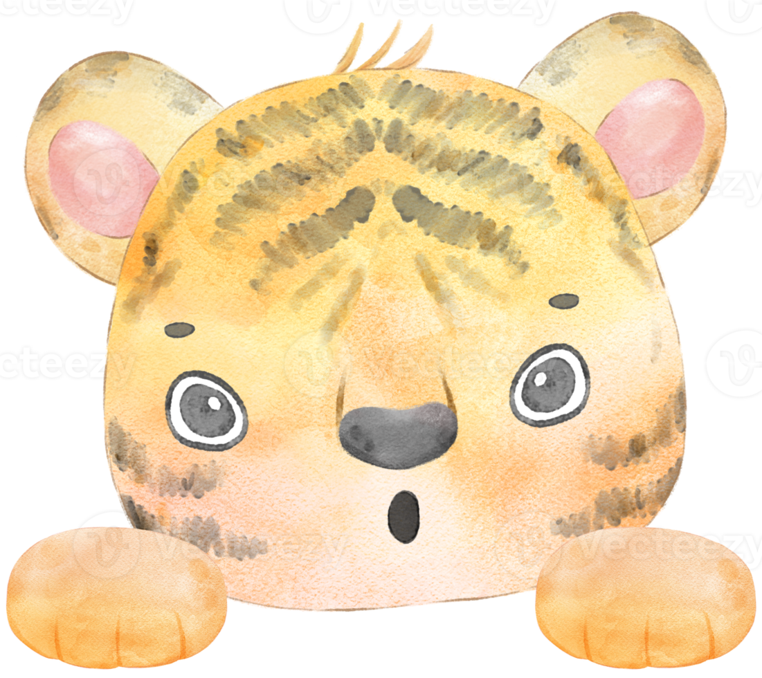 carino bambino tigre innocenza viso testa con zampa mano acquerello illustrazione png