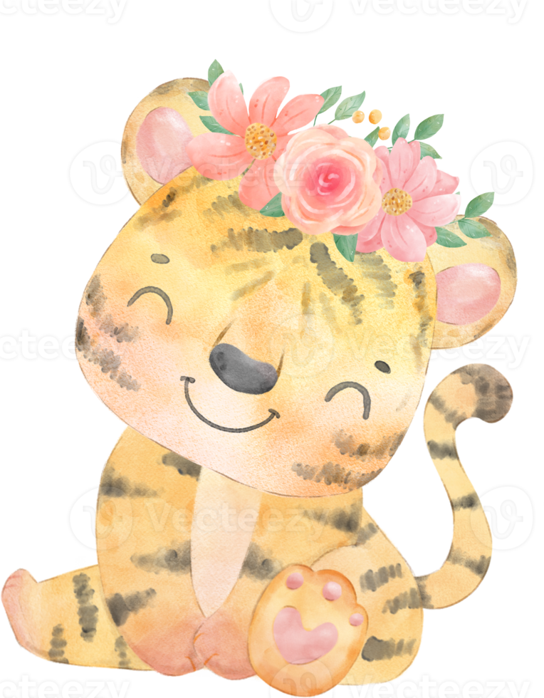 cute baby playful tiger with floral crown, whimsical children animal watercolour illustration png