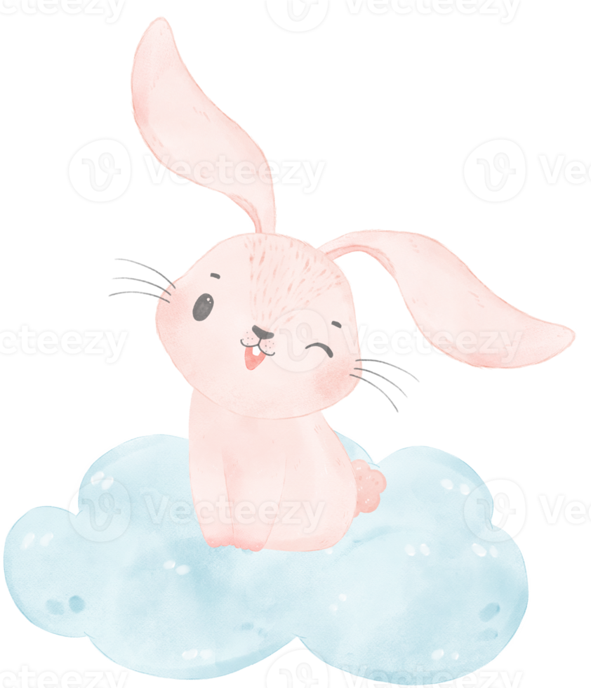 Adorable whimsical happy sweet baby pink bunny rabbit on soft blue cloud children watercolor illustration png