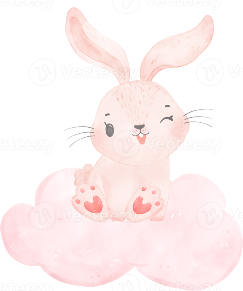 adorable whimsical happy sweet baby pink bunny rabbit watercolour on soft pink cloud children illustration png