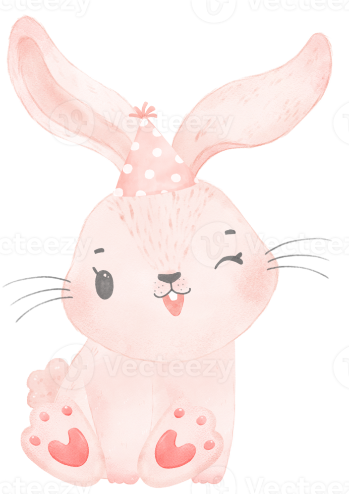 Adorable whimsical happy baby pink bunny rabbit with colourful party hat, children watercolor illustration png