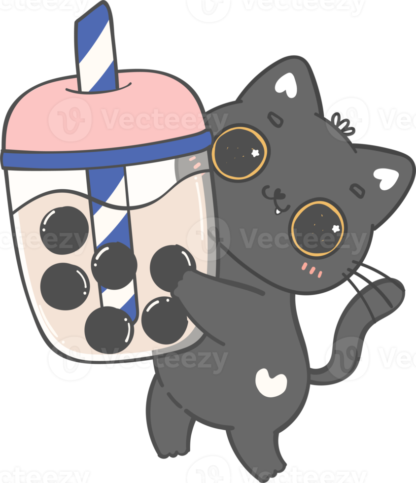 Kawaii funny bubble tea cat lover, cute boba tea kitten cartoon doodle hand drawing png