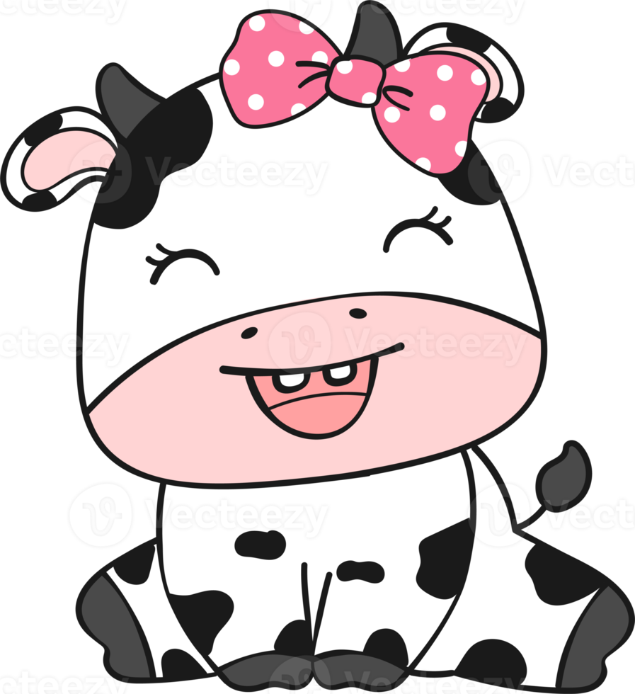 Cute happy smile baby cow sitting cartoon character doodle hand drawing png