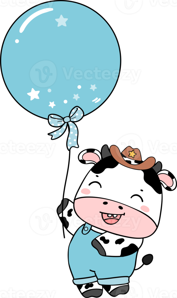 Cute happy smile baby cow celebrating birthday party children cartoon character doodle hand drawing png