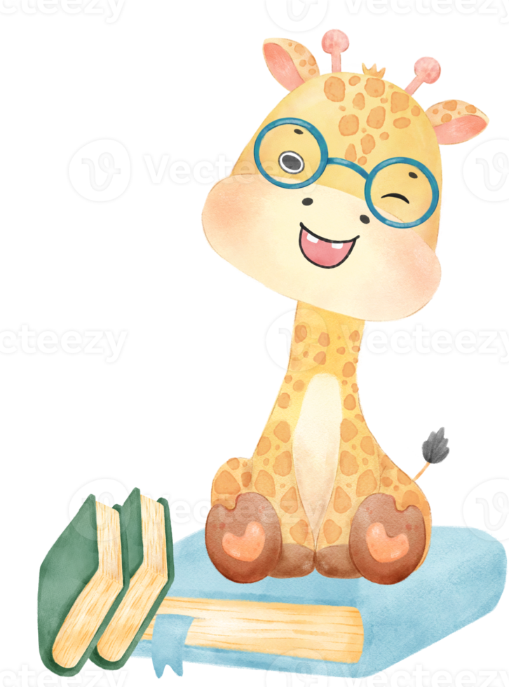 cute happy giraffe kid animal back to school with bag and books, children watercolour illustration png