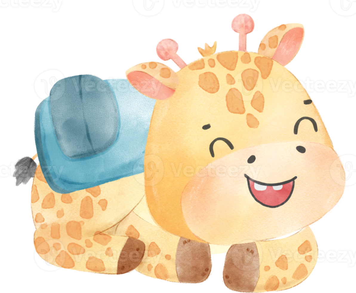 cute happy giraffe kid animal back to school with bag and books, children watercolour illustration png