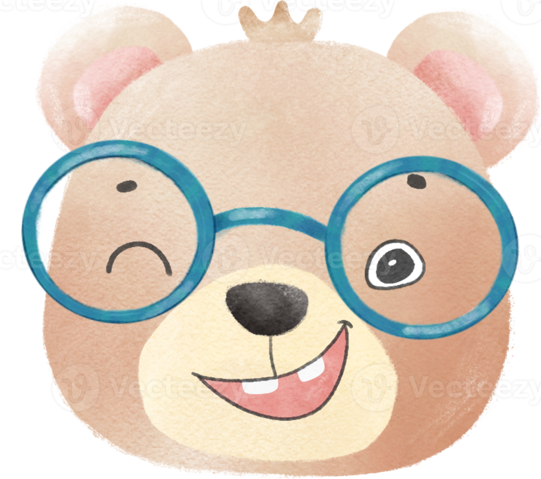 cute watercolor nerd wild bear animal wear glasses cartoon painting png