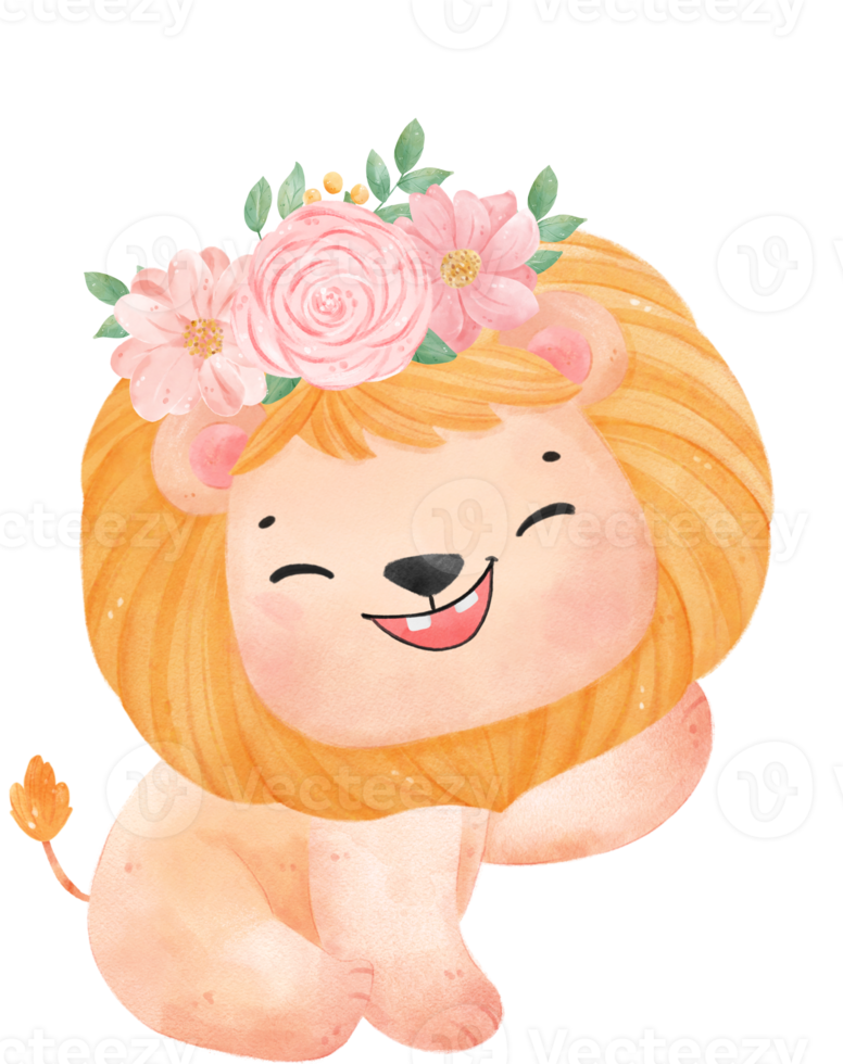 Cute sweet happy baby lion with floral crown watercolour kid animal illustration png